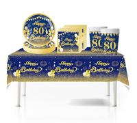 41Pcs Blue Gold 80th Happy Birthday Party Tableware Decorations for Him Plastic Table Cloth,7inch Paper Plates,Napkins, Cups for Men Birthday Table Party Tableware Set for Him Adults Birthday Party