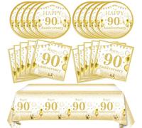 41PCS Golden 90th Birthday Party Decorations - 90th Theme Tableware Set with Paper Plate, Napkin, Tablecloth for Anniversary Celebration