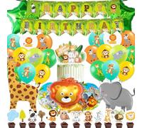 41Pcs Kids Jungle Wildlife Balloon Party Set, Animal Cake Decorations, Banners, Giraffe Lion Elephant Foil Balloons, Wildlife Party Decorations, Forest Theme Party Decorations