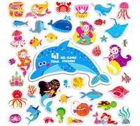 41PCS Marine World Jelly Stickers, Mermaid and Ocean Creatures Thick Window Door Decors Removable Reusable Gel Clings Decals for Kids Toddlers Kids Home Classroom Animal Party Supplies (Not Edible)