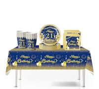 41Pcs Navy Blue Gold Happy 21st Birthday Party Tableware Plastic Table Cloth,7inch Paper Plates,Cups,Napkins for Boys Girl Birthday Decorations Disposable Party Tableware Set for 21st Birthday Party