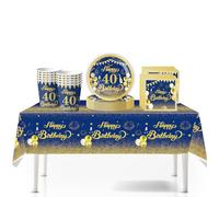 41Pcs Navy Blue Gold Happy 40th Birthday Party Tableware Set Plastic Table Cloth,Paper Plates Napkins 40th Birthday Table Decorations Disposable Tableware Kit for Men Women 40th Birthday Decorations