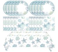 41Pcs Ocean Seashell Party Supplies Kit,Coastal Beach Disposable Party Tableware Decorations,Starfish Coral Paper Plates Napkins and Tablecloth for Kids Summer Birthday Baby Shower, Serves 20