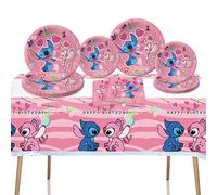 41PCS Pink Stitch Party Set - 20 Plates, 20 Napkins & 1 Tablecover. Perfect for Stitch-themed birthdays! Features cute pink Stitch prints, durable plates, and easy cleanup. Ideal for kids’ parties!