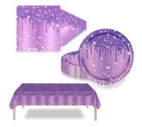 41Pcs Purple Diamond Party Tableware Set for Her Women Girls,Glitter Disposable Dinnerware with 20 Purple Paper Plates,20 Napkins,Plastic Table Cloth for Kpop Party, Women Girls Birthday,Wedding Decor
