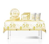 41Pcs White Gold 50th Happy Birthday Party Tableware Decorations for Him Plastic Table Cloth,7inch Paper Plates,Napkins, Cups for Men Birthday Table Party Tableware Set for Him Adults Birthday Party