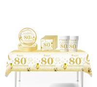 41Pcs White Gold 80th Happy Birthday Party Tableware Decorations for Him Plastic Table Cloth,7inch Paper Plates,Napkins, Cups for Men Birthday Table Party Tableware Set for Him Adults Birthday Party