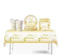 41Pcs White Gold Happy 30th Birthday Party Tableware Set - Plastic Table Cloth, Paper Plates, Napkins, Disposable Tableware Kit for Men & Women