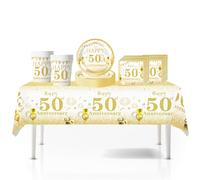 41Pcs White Gold Happy 50th Birthday Party Tableware Plastic Table Cloth,7inch Paper Plates,Cups,Napkins for Man Women Birthday Table Decorations Disposable Party Tableware Set for 50th Birthday Party