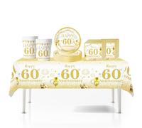 41Pcs White Gold Happy 60th Birthday Party Tableware Plastic Table Cloth,7inch Paper Plates,Cups,Napkins for Man Women Birthday Table Decorations Disposable Party Tableware Set for 60th Birthday Party