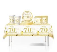 41Pcs White Gold Happy 70th Birthday Party Tableware Plastic Table Cloth,7inch Paper Plates,Cups,Napkins for Man Women Birthday Table Decorations Disposable Party Tableware Set for 70th Birthday Party