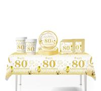 41Pcs White Gold Happy 80th Birthday Party Tableware Plastic Table Cloth,7inch Paper Plates,Cups,Napkins for Man Women Birthday Table Decorations Disposable Party Tableware Set for 80th Birthday Party
