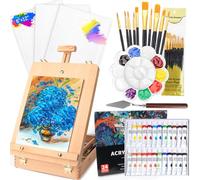 41Pcs Wood Tabletop Easel Storage Box Set, Beechwood Portable Tabletop Easel Stand with 3Pcs Canvasses 24 Paints 10 Brushes Art Easeles Acrylic Paint Set for Painters Adult Student Artist Beginner