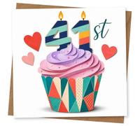 41st Birthday Card for Her, 41 Candle Numbers Cupcake | Bright 41st birthday cupcake topped with striped candle-style 41 and red heart cut-outs; a cheerful card for her.