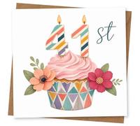 41st Birthday Card for Her, Cupcake & Floral Number Candles | Features a pink-iced cupcake with striped ‘41’ candle numbers and bold flowers-bright, sweet fun for her 41st.