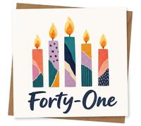 41st Birthday Card for Her, Five Patterned Candles | Five tall patchwork candles with warm flames and bold navy “Forty-One” lettering-bright 41st birthday cheer for her.