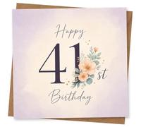 41st Birthday Card for Her, “Happy Birthday” Florals | A soft pastel floral front with “Happy 41st Birthday” in stylish script and leafy accents-made for her 41st.