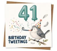 41st Birthday Card for Her, Party Bird, 41 Balloons, Confetti | Cheer up her 41st with balloon number 41, a party-hat bird and confetti, finished with “Birthday Tweetings”.