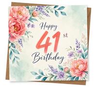 41st Birthday Card for Her, Pink Peonies & Lavender | Bold ‘Happy 41st Birthday’ script framed by pink peonies, lavender sprigs and teal leaves for her.