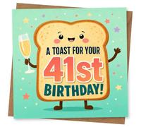 41st Birthday Card for Her, Toast Pun & Champagne Cheers | For her 41st: smiling toast character holding a champagne glass on a bright teal confetti background with bold wording.