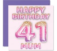 41st Birthday Card for Mum - Pink & Purple Glitter Balloons - Happy Birthday Cards for 41 Year Old Mum Mother from Son Daughter, 145mm Bday Greeting Cards Gift