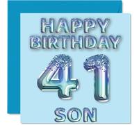 41st Birthday Card for Son - Blue Glitter Party Balloons - Happy Birthday Cards for 41 Year Old Son from Mum Dad Parents, 145mm Bday Greeting Cards Gift