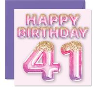 41st Birthday Card for Women - Pink & Purple Glitter Balloons - Happy Birthday Cards for 41 Year Old Woman Mum Cousin Friend Sister Auntie, 145mm Bday Greeting Cards Gift