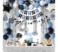 41st Birthday Decorations, Dusty Blue 41 Birthday Decorations for Men Women, Blue Sliver Black Birthday Party Decor with Happy Birthday Banner, Number Balloons, Foil Balloons, Swirl