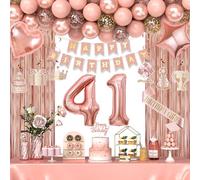 41st Birthday Decorations for Women Girls, Happy 41 Birthday Decorations for Her, Rose Gold Birthday Party Supplies with Banner, Number Balloons, Fringe Curtains, Hanging Swirls