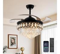 42″ Black Chandelier Ceiling Fan with Light and APP/Remote Control,Retractable Fandelier Celing Fan with Light,LED Kinds of Color Dimming 6-Speed Silent Crystal Ceiling Fan for Bedroom Living Room