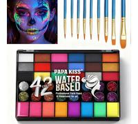 42 Colors Pearlescent Fluorescent Glitter Face & Body Paint Kit with 10 Brushes Professional Face Painting Set for Christmas Halloween Festivals Parties Cosplay Makeup