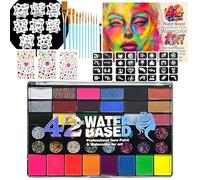 42 Colours Face Painting Set for Children - Non-Toxic Water-Based Make Up Palette with Stencils Brushes and Gemstones Face Painting Set for Children Ideal for Halloween, Parties, Festivals