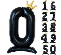 42 Inch Black Number Balloon Black Crown Balloons 0-9 Standing Number 0 Balloon with Crown Giant Foil Helium Balloons for Birthday Party Decorations Supplies Digital 0