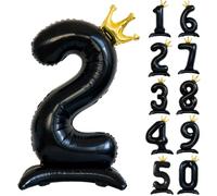 42 Inch Black Number Balloon Black Crown Balloons 0-9 Standing Number 2 Balloon with Crown Giant Foil Helium Balloons for Birthday Party Decorations Supplies Digital 2