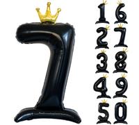 42 Inch Black Number Balloon Black Crown Balloons 0-9 Standing Number 7 Balloon with Crown Giant Foil Helium Balloons for Birthday Party Decorations Supplies Digital 7