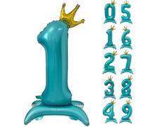 42 Inch Blue Number Balloon Standing Number 1 Balloon with Crown Blue Crown Balloons 0-9 Helium Foil Balloons for Birthday Party Decorations Supplies Digital 1