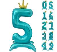 42 Inch Blue Number Balloon Standing Number 5 Balloon with Crown Blue Crown Balloons 0-9 Helium Foil Balloons for Birthday Party Decorations Supplies Digital 5