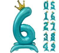 42 Inch Blue Number Balloon Standing Number 6 Balloon with Crown Blue Crown Balloons 0-9 Helium Foil Balloons for Birthday Party Decorations Supplies Digital 6