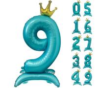 42 Inch Blue Number Balloon Standing Number 9 Balloon with Crown Blue Crown Balloons 0-9 Helium Foil Balloons for Birthday Party Decorations Supplies Digital 9