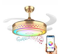 42 Inch Modern Retractable Ceiling Fan with Lights and Bluetooth Speaker Color Change Smart Ceiling Fan 6 Speed Invisible Chandelier Ceiling Fans Light with Remote for Bedroom,Gold