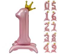 42 Inch Pink Number Balloon Standing Number 1 Balloon With Crown Pink Crown Balloons 0-9 for Birthday Party Decorations Supplies