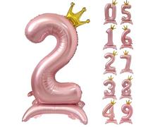 42 Inch Pink Number Balloon Standing Number 2 Balloon With Crown Pink Crown Balloons 0-10 for Birthday Party Decorations Supplies
