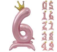 42 Inch Pink Number Balloon Standing Number 6 Balloon With Crown Pink Crown Balloons 0-14 for Birthday Party Decorations Supplies