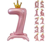 42 Inch Pink Number Balloon Standing Number 7 Balloon With Crown Pink Crown Balloons 0-15 for Birthday Party Decorations Supplies