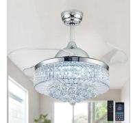 42 Inches Fandelier Ceiling Fan with Light, Retractable Chandelier Fan Invisible Blades Dimmable Crystal Ceiling Fan for Bedroom Living Room Dining Room