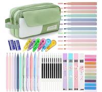 42 Pcs Big Capacity Pencil Pouch with Aesthetic School Supplies, 12 Pastel Highlighters, 5 Black Ink Gel Pens, 6 Mechanical Pencils Set 0.5 & 0.7mm, Sticky Notes, Stationary Set for Student (Green)