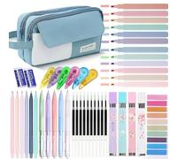 42 Pcs Big Capacity Pencil Pouch with Aesthetic School Supplies, 12 Pastel Highlighters, 5 Black Ink Gel Pens, 6 Mechanical Pencils Set 0.5 & 0.7mm, Sticky Notes, Stationary Set for Student (Blue)
