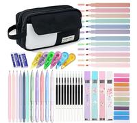 42 Pcs Big Capacity Pencil Pouch with Aesthetic School Supplies, 12 Pastel Highlighters, 5 Black Ink Gel Pens, 6 Mechanical Pencils Set 0.5 & 0.7mm, Sticky Notes, Stationary Set for Student (Black)