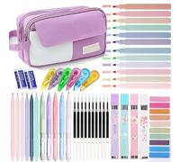 42 Pcs Big Capacity Pencil Pouch with Aesthetic School Supplies, 12 Pastel Highlighters, 5 Black Ink Gel Pens, 6 Mechanical Pencils Set 0.5 & 0.7mm, Sticky Notes, Stationary Set for Student (Purple)