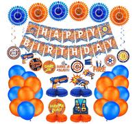 42 PCS Dart War Party Decorations Banner Hanging Swirl Honeycomb Centerpieces Blue and Orange Balloons Paper Fans 3D Dart Table Decorations for Dart War Birthday Supplies Decorations